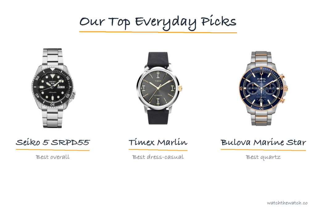 Our top everyday watch picks: Seiko 5 SRPD55, Timex Marlin, Bulova Marine Star