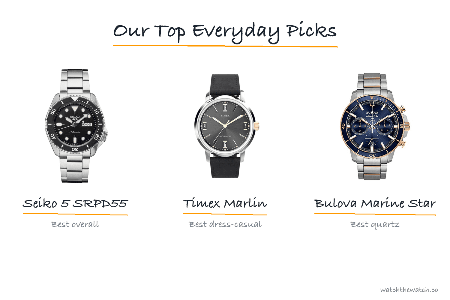 Our top everyday watch picks at a glance: Seiko 5 SRPD55, Timex Marlin, Bulova Marine Star