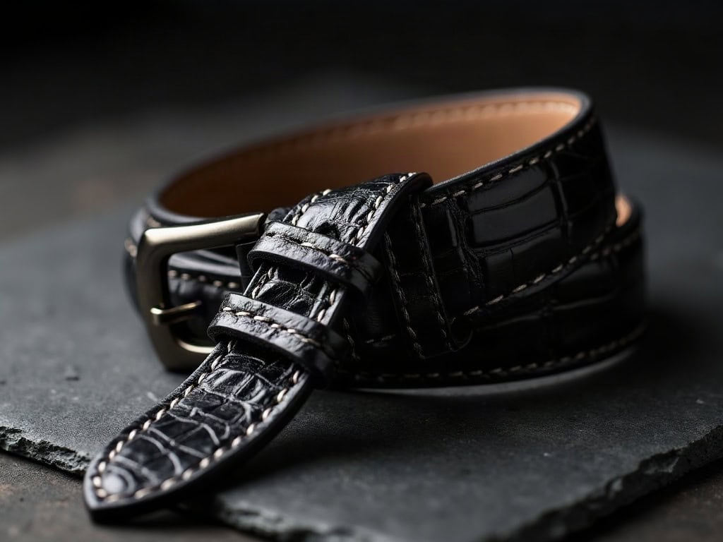 Macro of an alligator-embossed leather watch strap and buckle