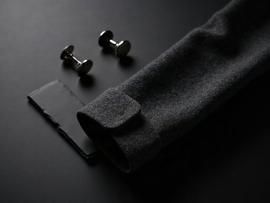 A charcoal suit cuff with cufflinks and a rolled leather strap