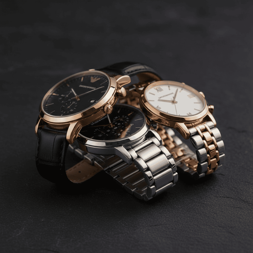Three Emporio Armani watches on dark slate