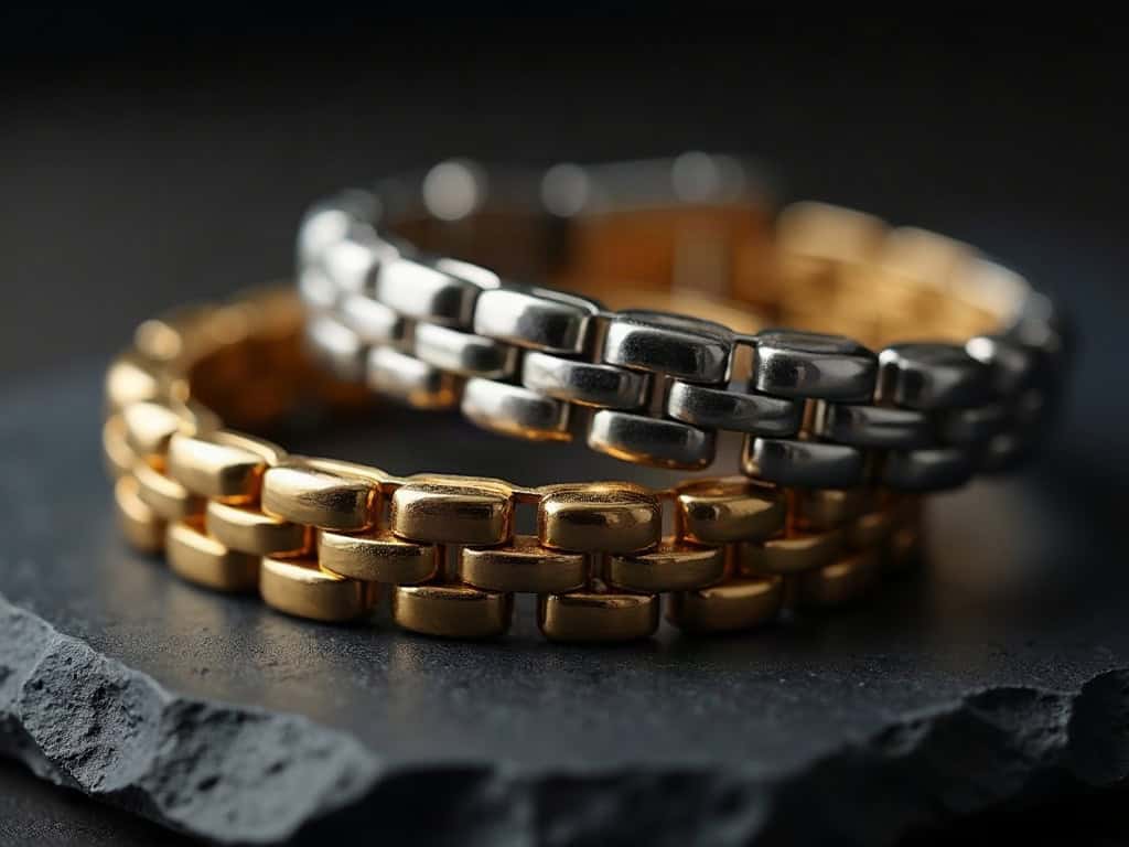 A gold-tone and a silver-tone bracelet side by side