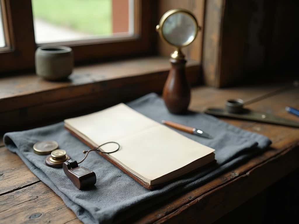 A linen cloth, brass loupe and closed notebook on weathered oak
