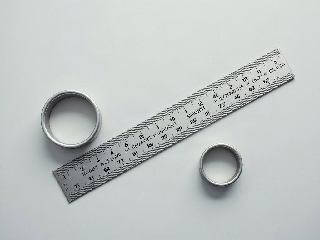 A steel ruler beside two metal discs of different diameters
