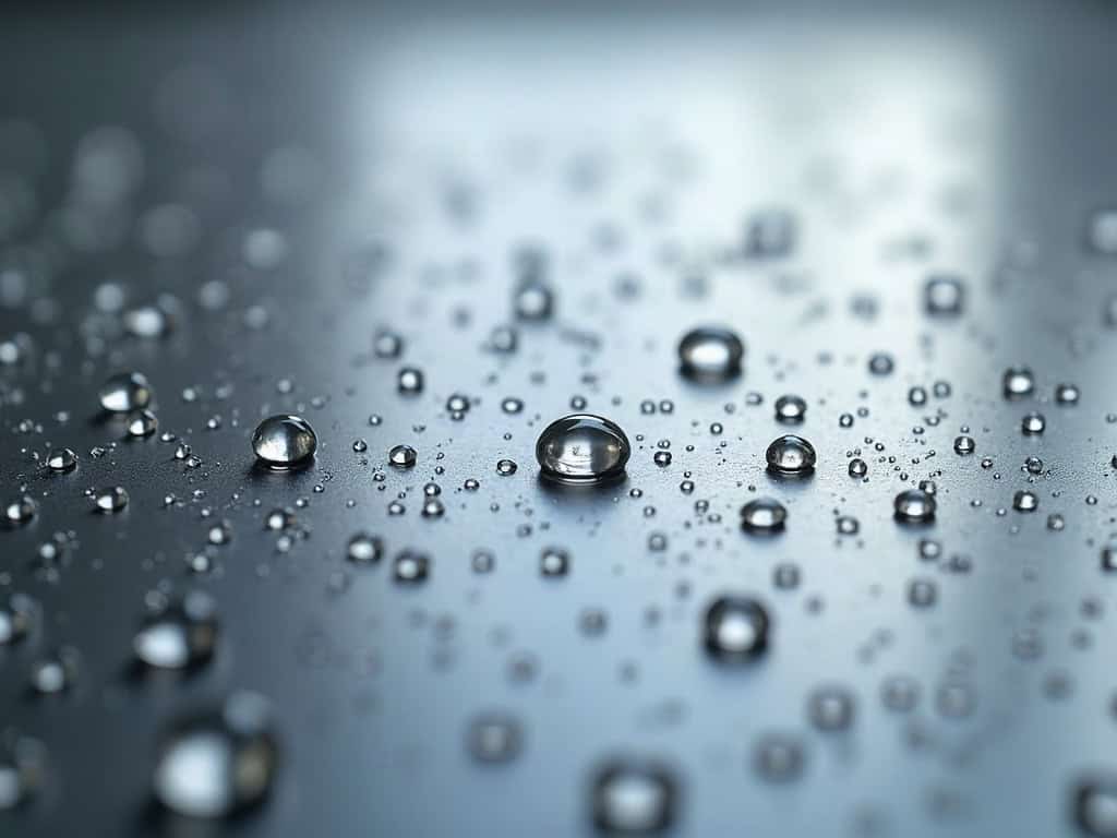 Water droplets beaded on brushed steel