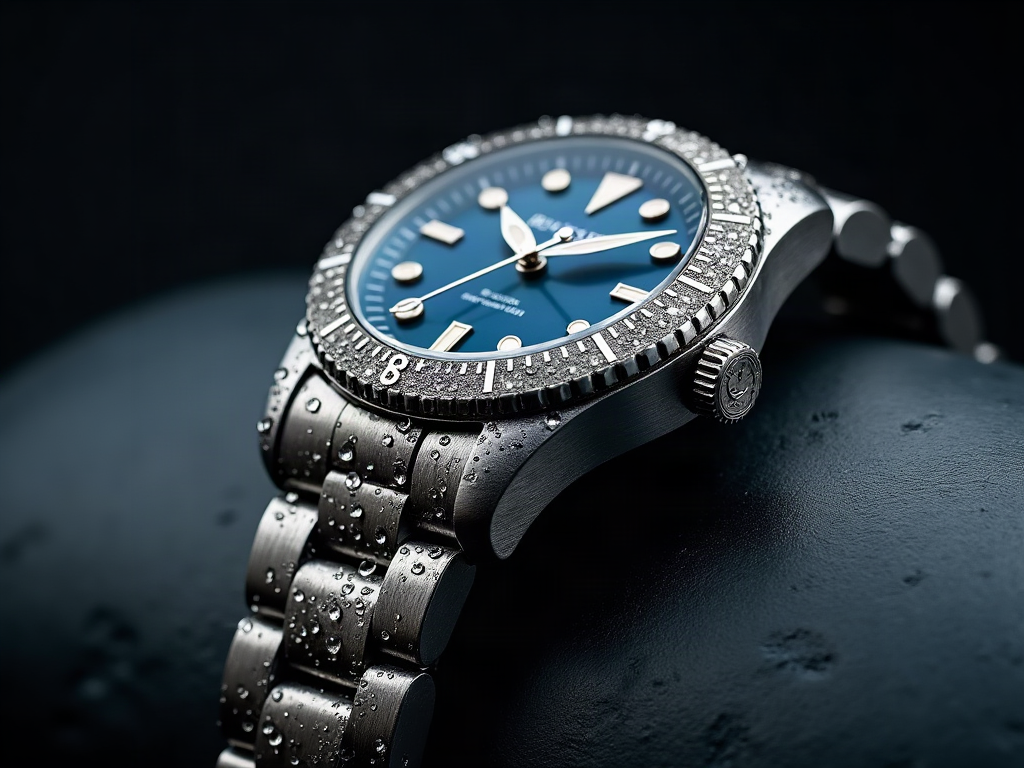 Water droplets on a brushed steel watch case
