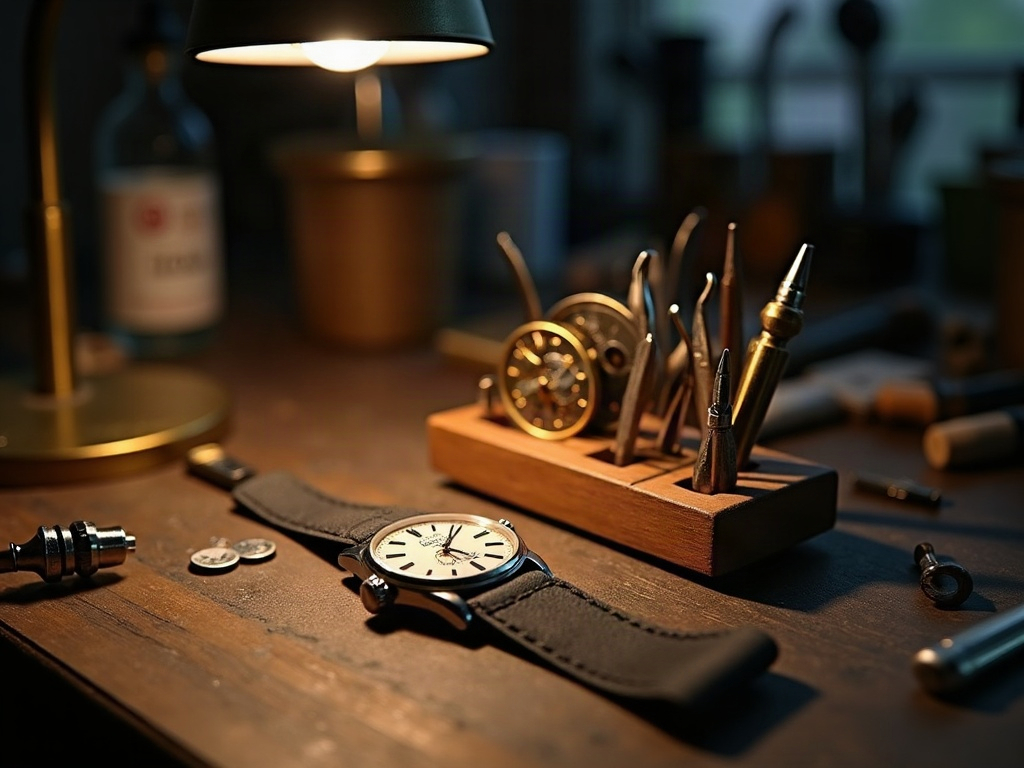 A watchmakers bench with tweezers and screwdrivers