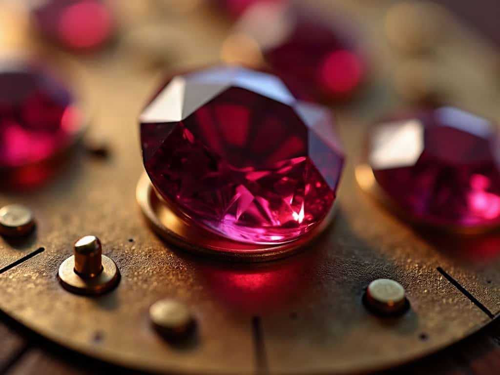 Macro of a synthetic ruby jewel bearing set in a movement plate