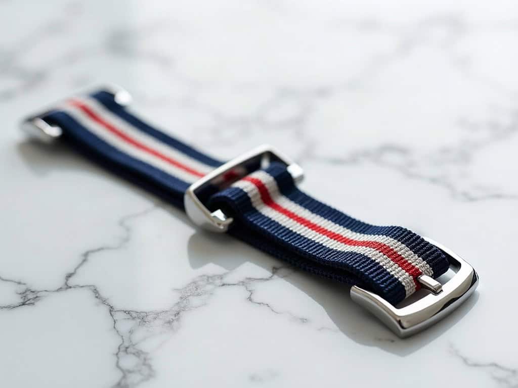 Macro of a striped woven nylon NATO strap on marble