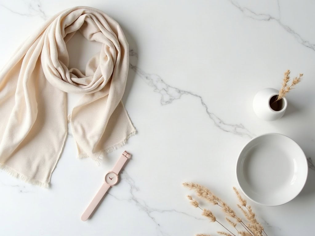 A white marble surface with linen, a dried stem and a ceramic dish