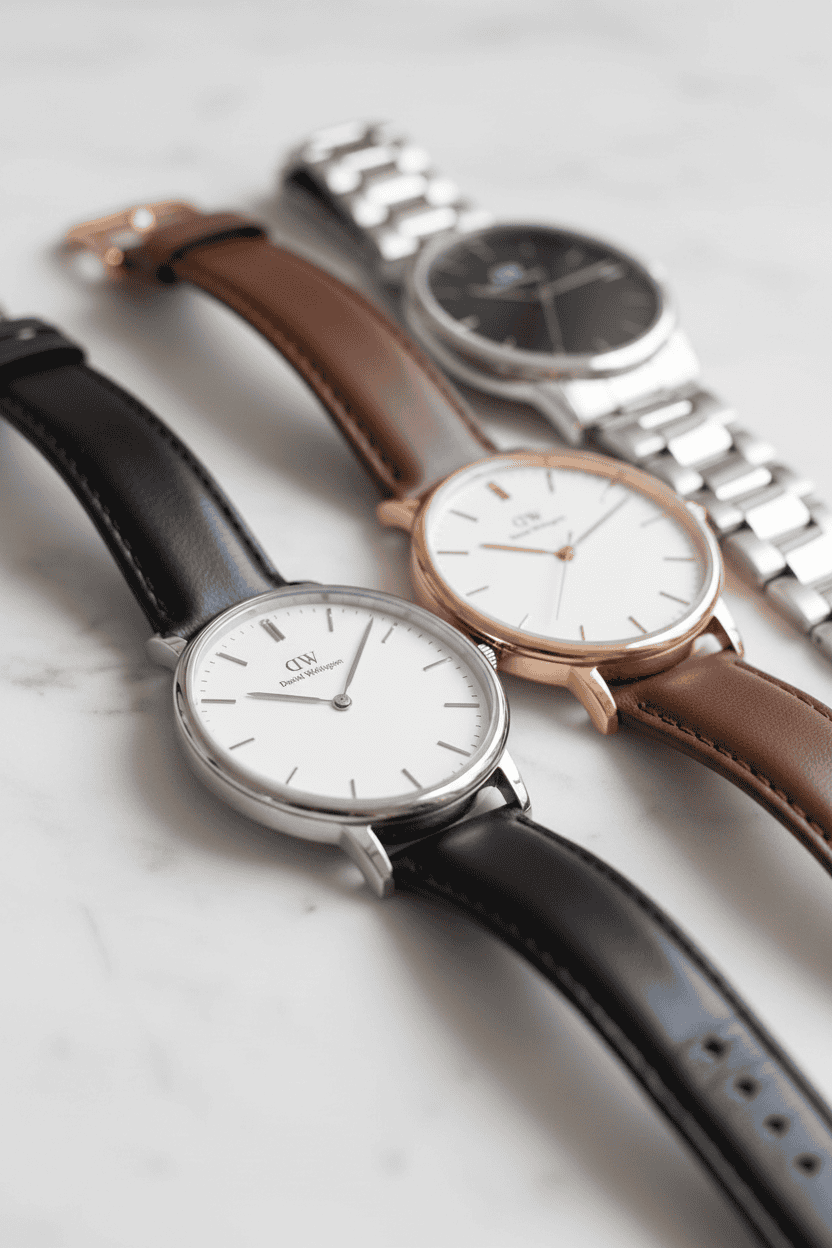 Three Daniel Wellington watches on white marble