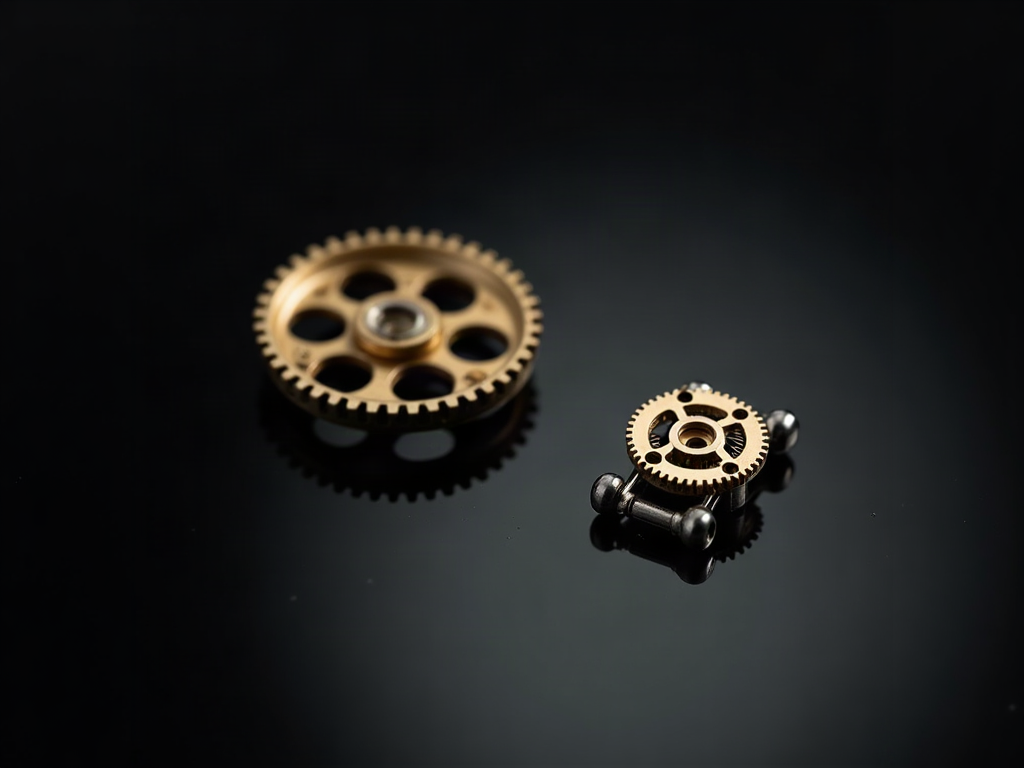 A brass driving wheel and a jumper spring on black glass