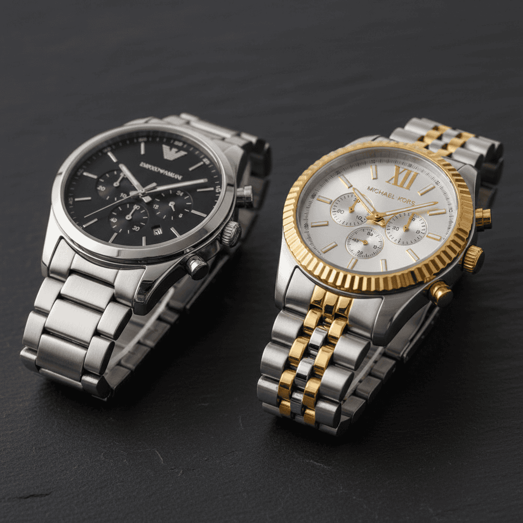 An Emporio Armani and a Michael Kors watch side by side