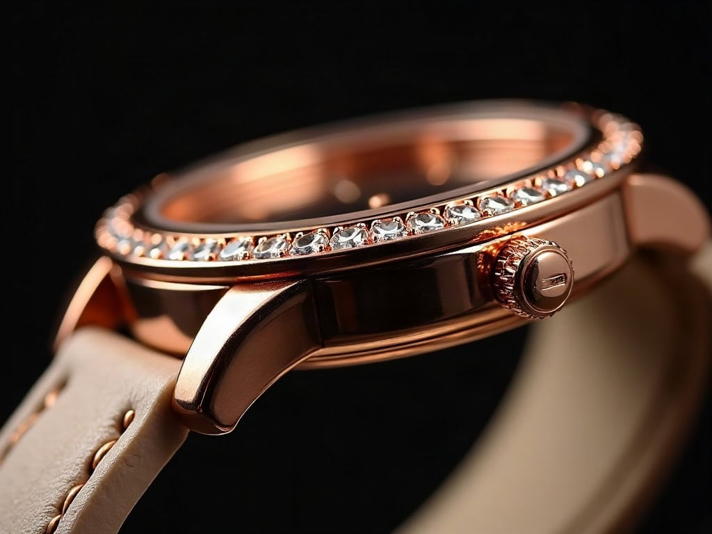 Macro of a rose gold-tone bezel set with clear crystals