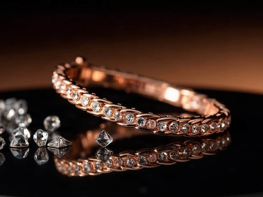 A coiled rose gold-tone bracelet beside scattered crystals