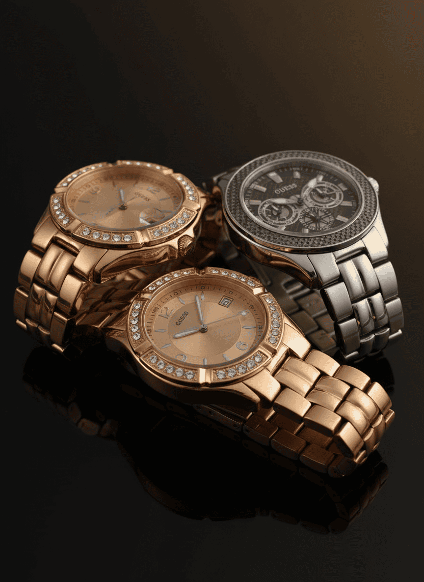 Three Guess watches on a glossy dark surface