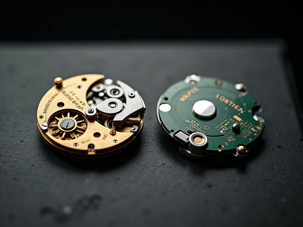 A mechanical watch movement beside a quartz circuit module