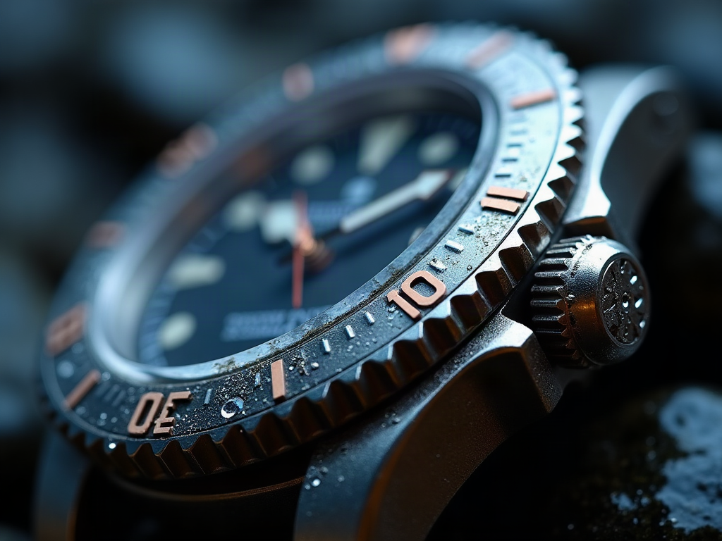 The knurled edge of a dive watch bezel with water in the grooves