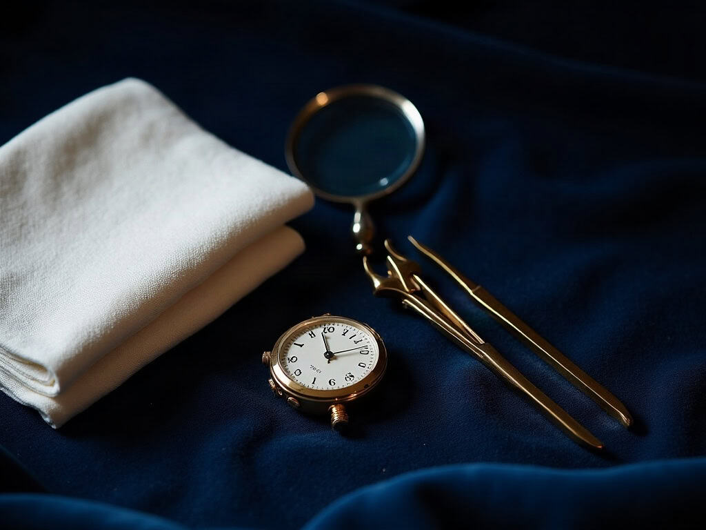 A brass loupe and fine tweezers on navy velvet