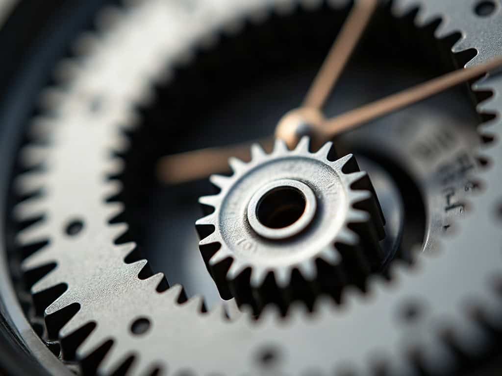 Extreme macro of a mainspring barrel and gear train