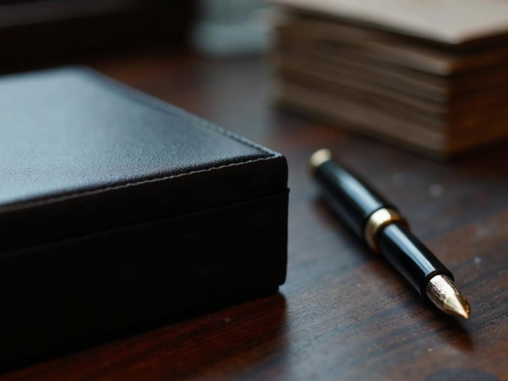 A closed watch box and pen with paperwork behind