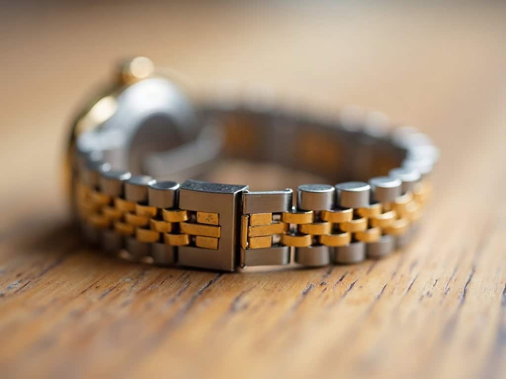 Macro of a two-tone steel bracelet and fold-over clasp