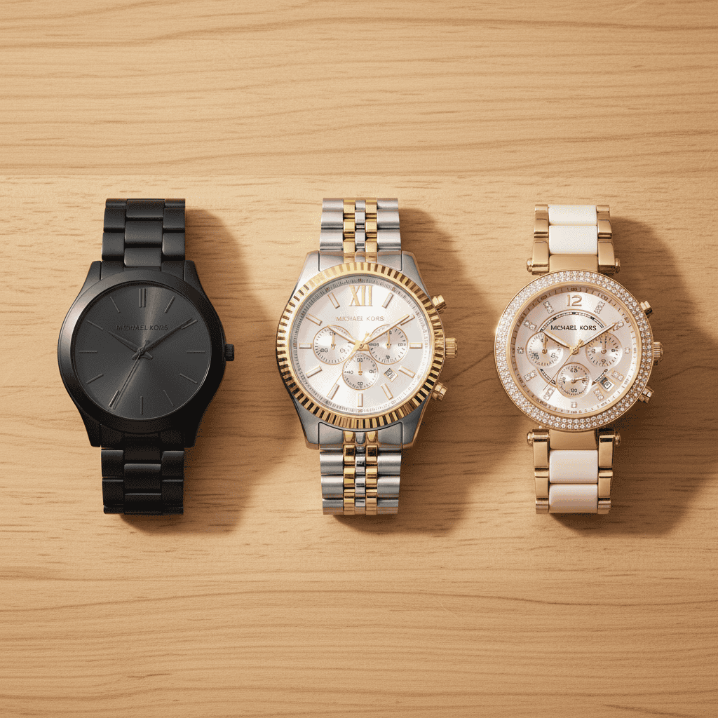 Three Michael Kors watches on an oak surface
