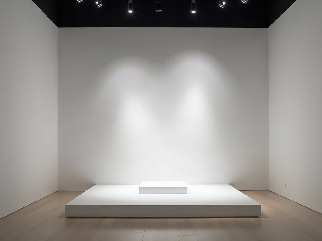 A bare white gallery wall with a single spotlit plinth