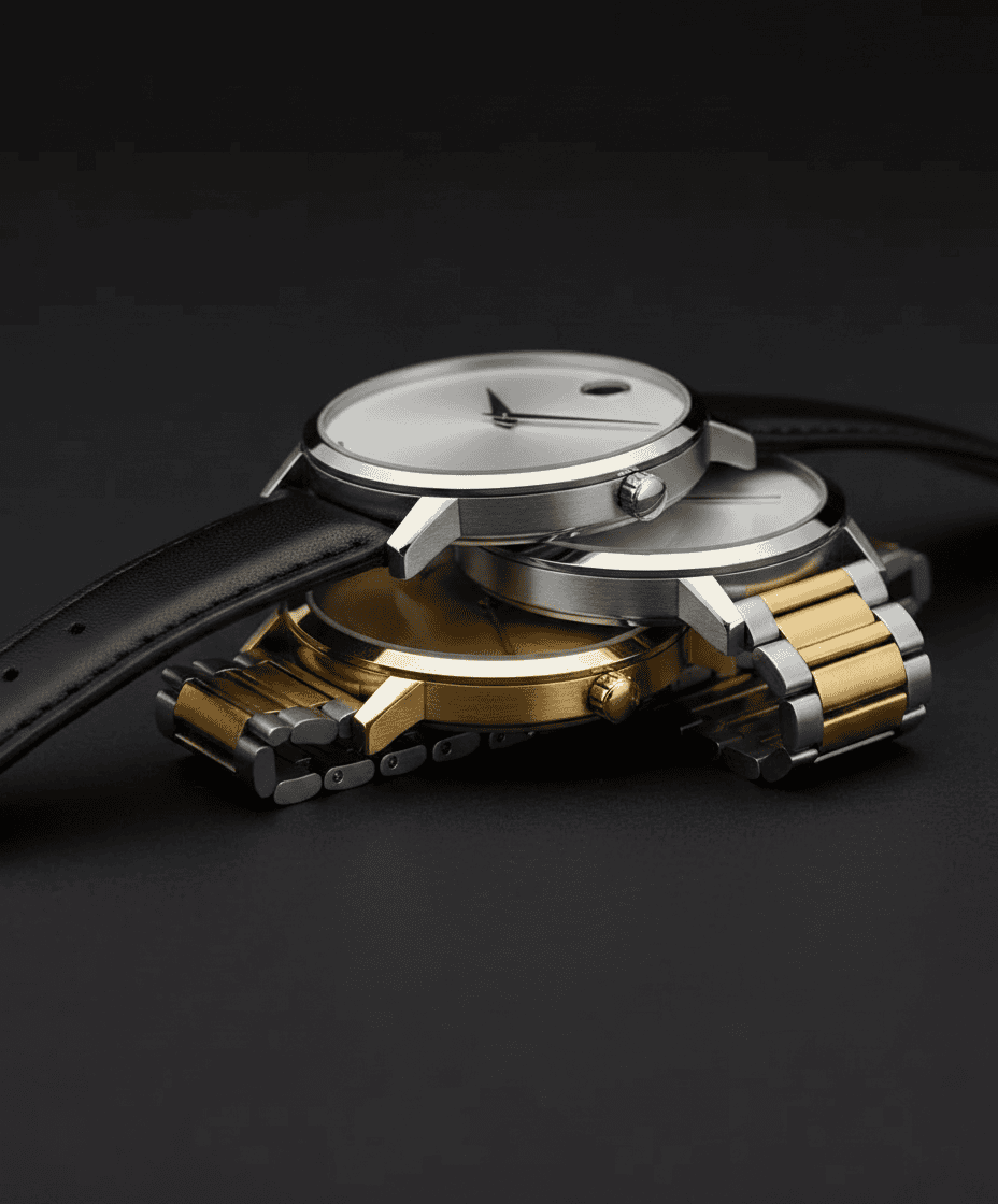 Three Movado watches on a matte black surface