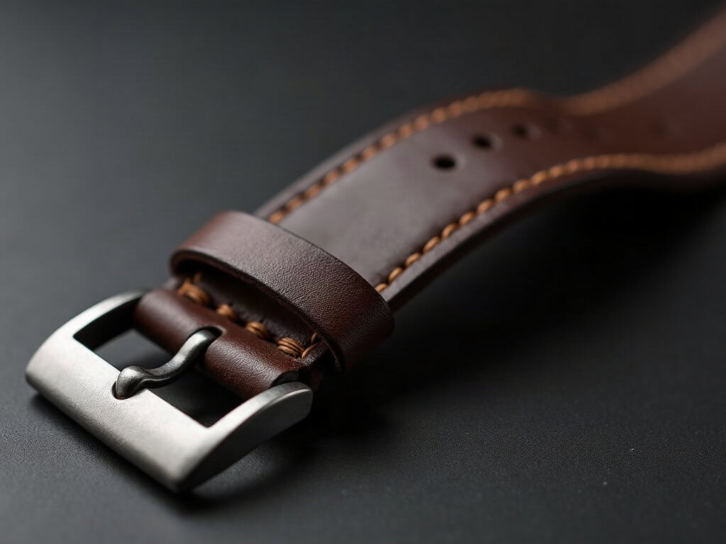 Macro of a dark brown leather watch strap and steel buckle