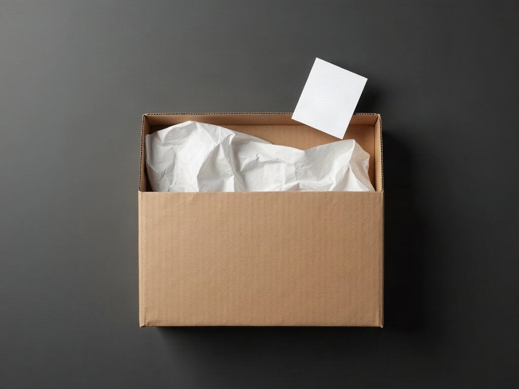 An open plain cardboard shipping box with tissue paper