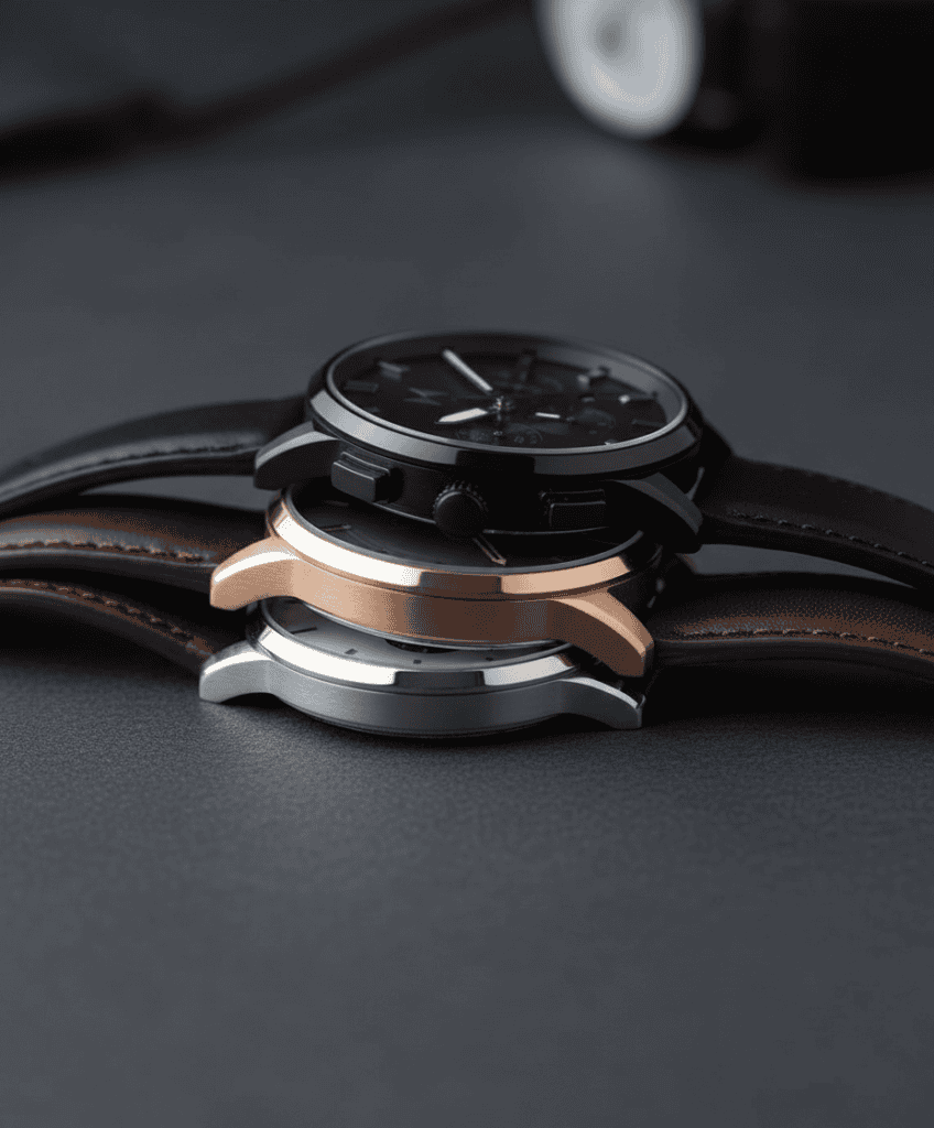 Three MVMT watches stacked on a charcoal surface