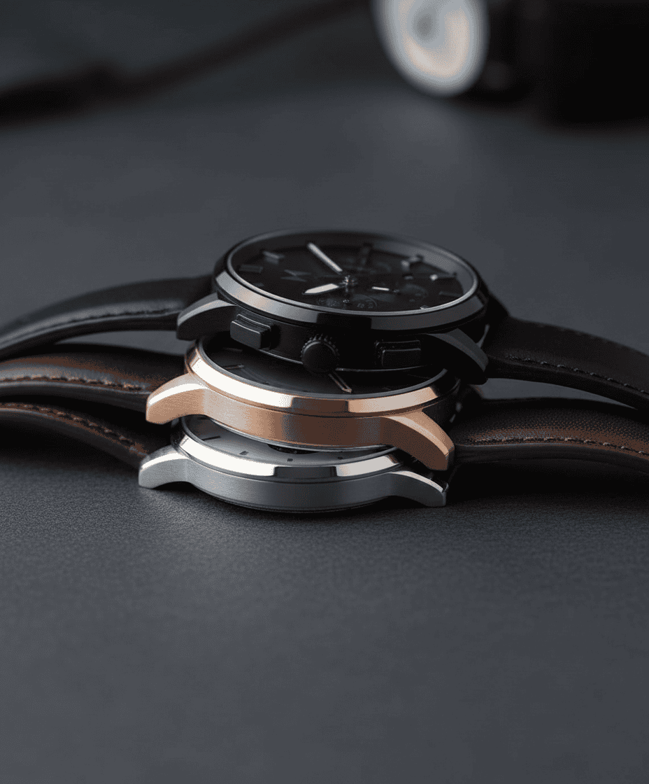 Three MVMT watches stacked on a charcoal surface