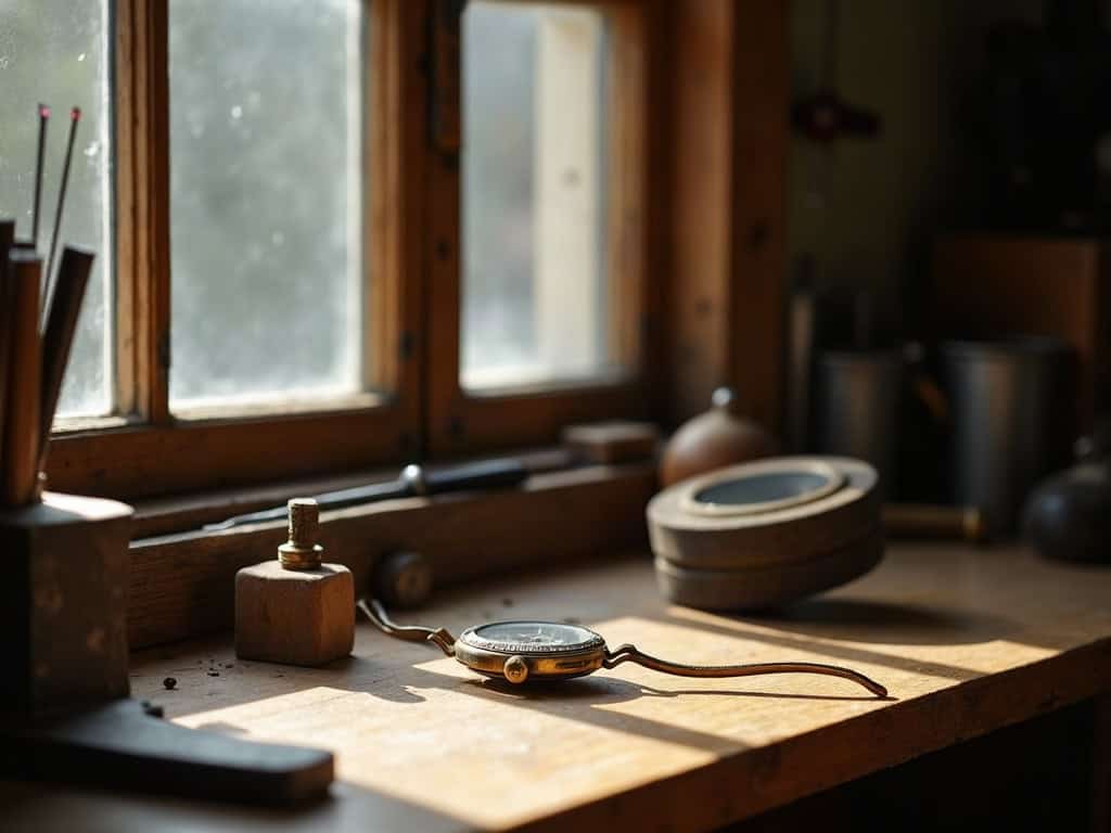 A wooden watchmakers bench with tweezers and screwdrivers