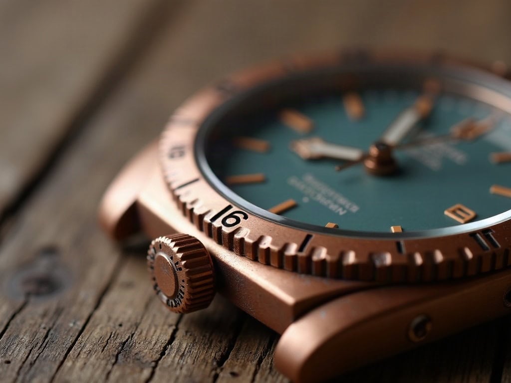 Macro of a bronze watch bezel developing a patina