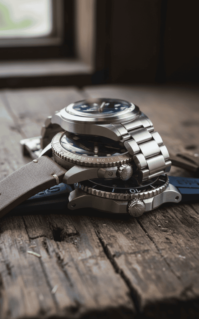Three Oris watches on weathered oak