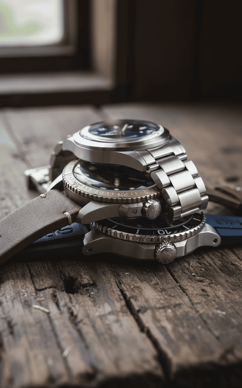Three Oris watches on weathered oak