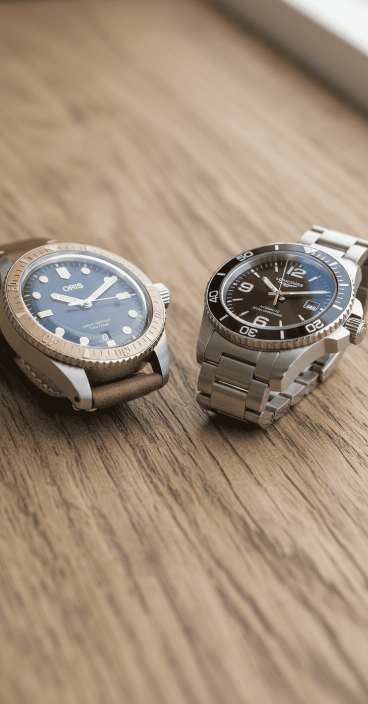 An Oris and a Longines watch side by side