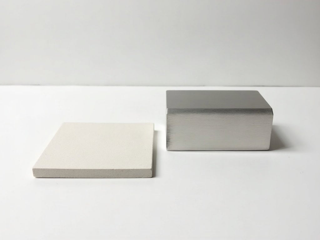 A polished ceramic tile beside a steel block and abrasive pad