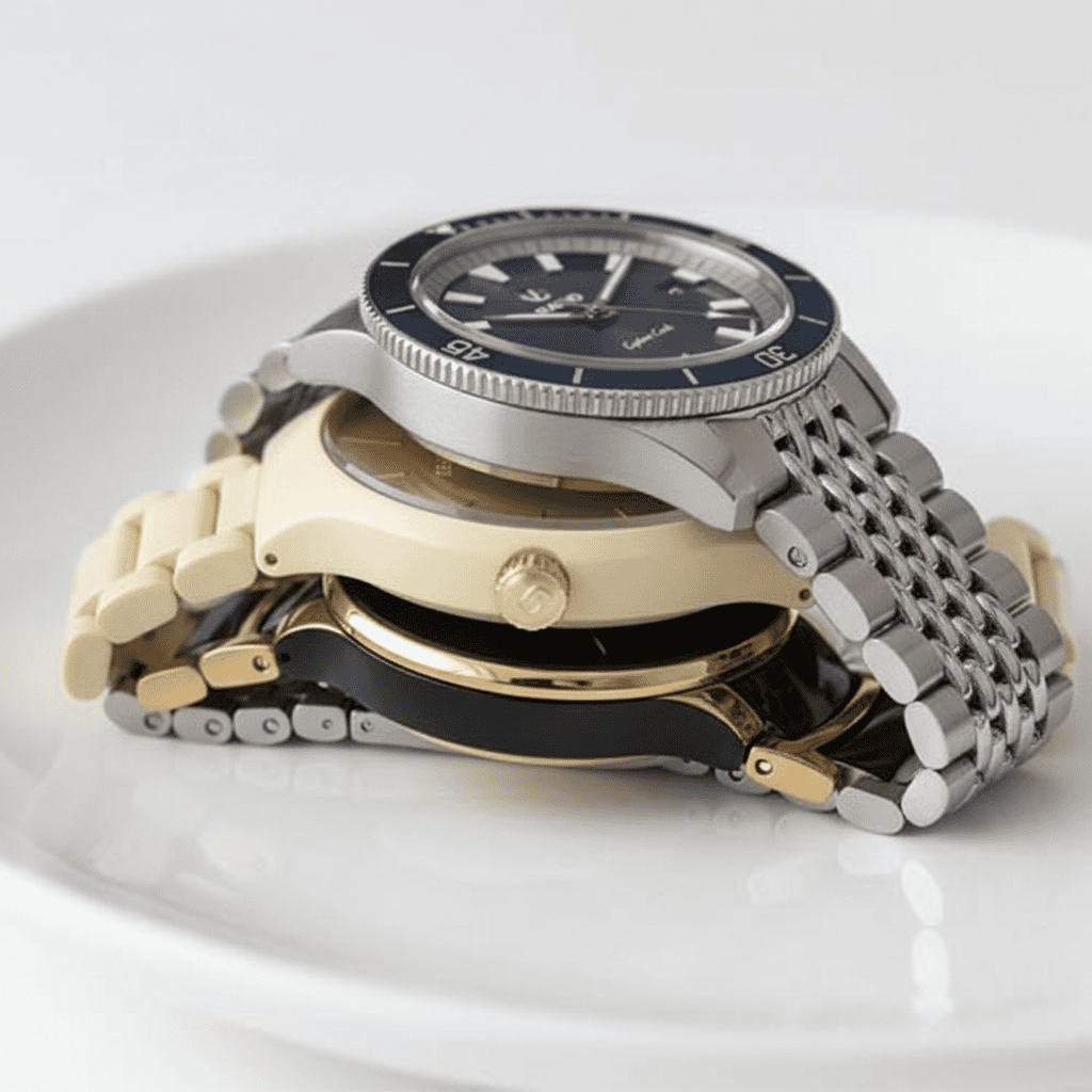 Three Rado watches on a white ceramic surface