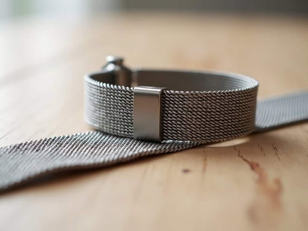 Macro of a milanese mesh watch band and magnetic buckle