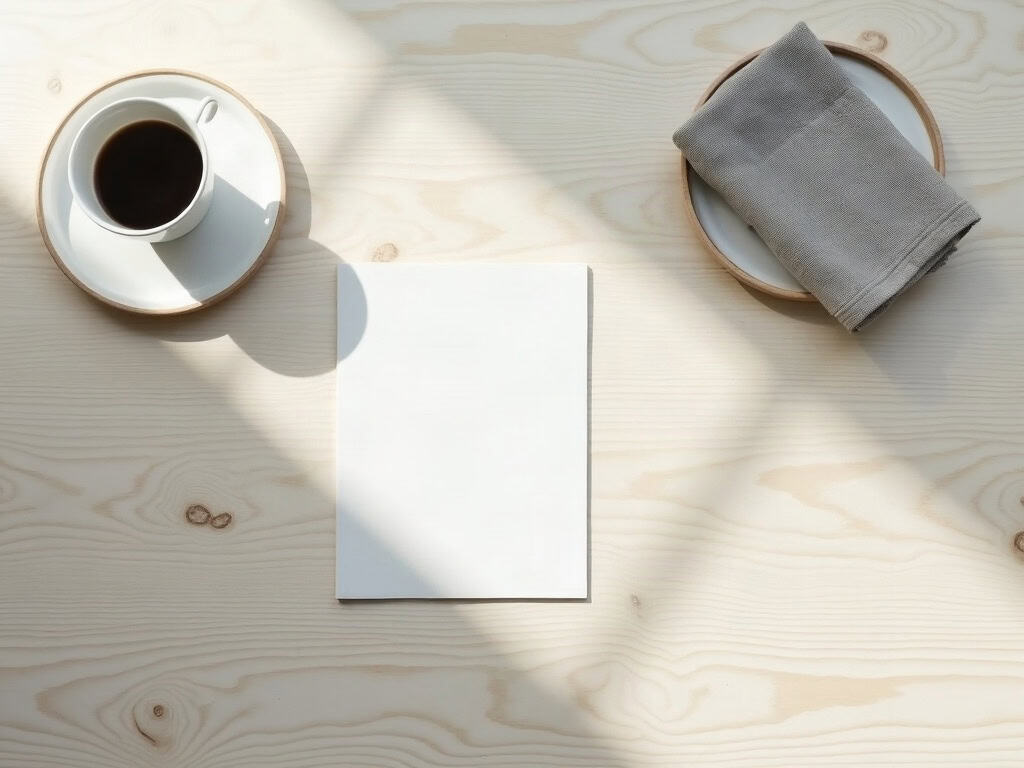 A pale wood desk with a white cup and folded linen cloth