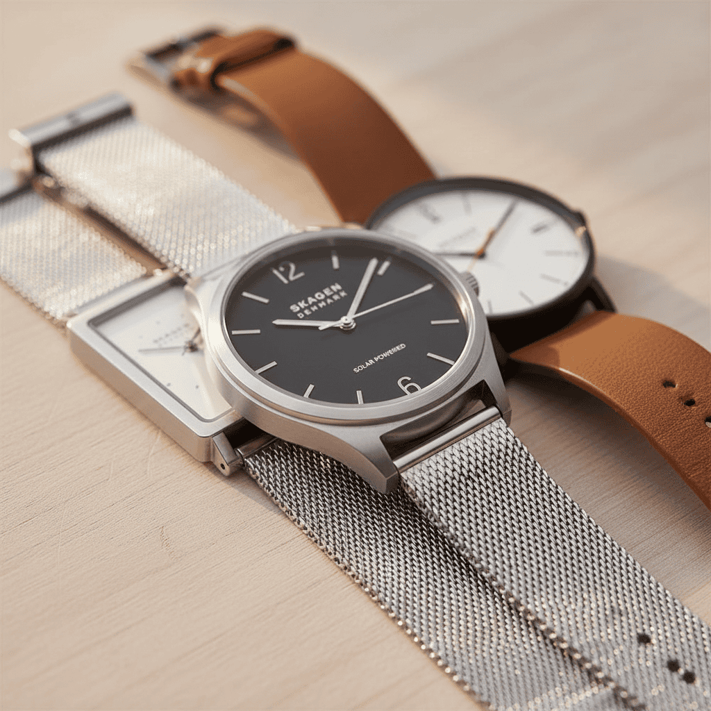 Three Skagen watches on pale ash wood