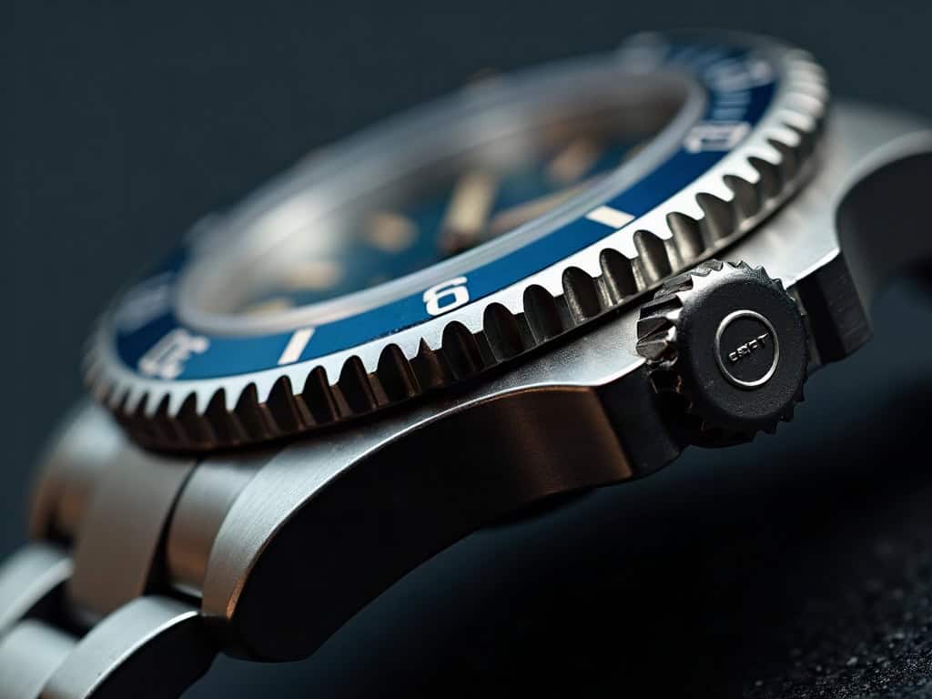 Macro of a knurled steel dive bezel edge and screw-down crown