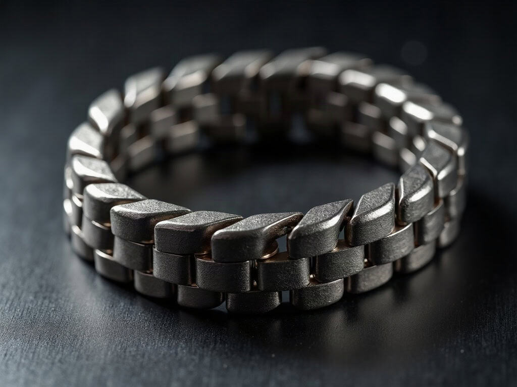 Macro of a riveted stainless steel watch bracelet