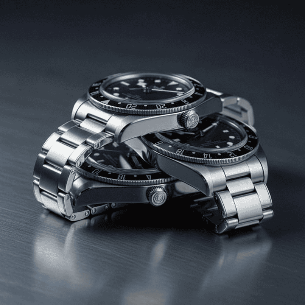 Three Tudor watches stacked on brushed steel