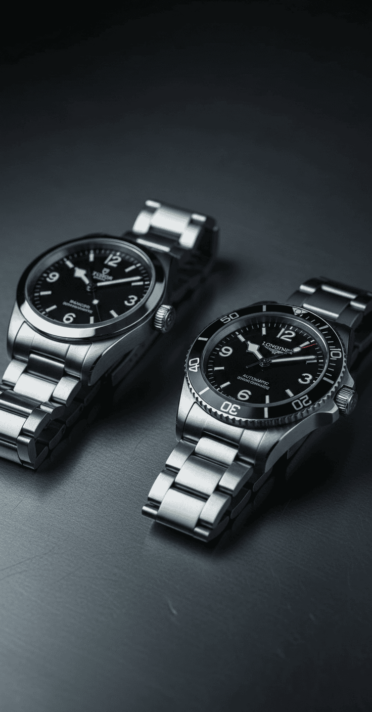 A Tudor and a Longines watch side by side